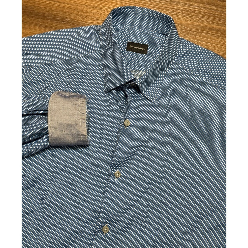 Ermenegildo Zegna Mens Blue White Geometric Print Button Down Shirt Sz L